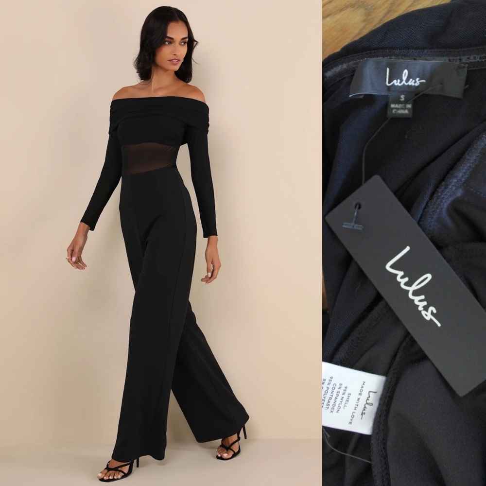 Lulus New Sultry Statement Black Mesh Ruched Off-the-Shoulder Jumpsuit NWT S